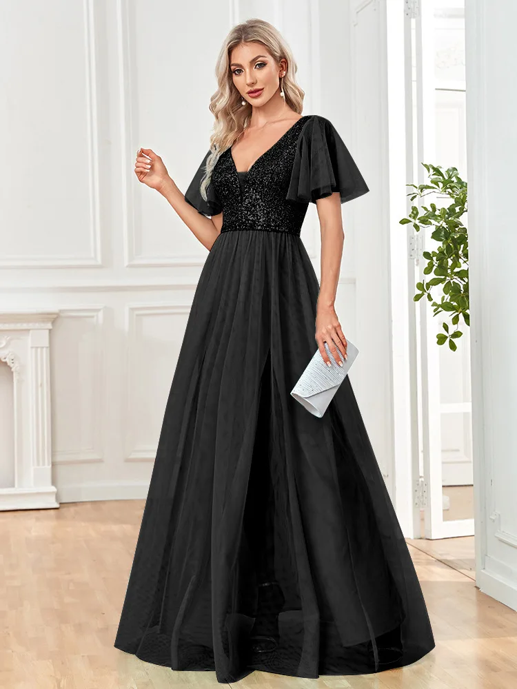 Ladies Sequined Evening Dress Banquet Mesh Big Swing Dress Skirt V-neck Sexy Short-sleeved Long Skirt Graduation PerformanceGown