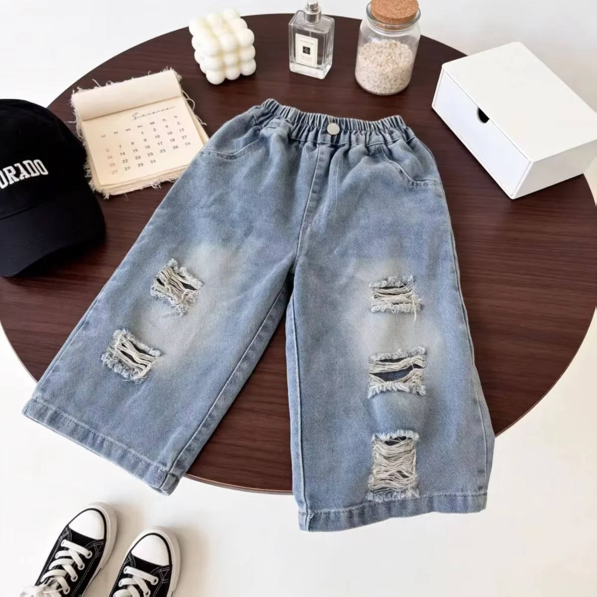 Boys Girls Ripped Jeans Spring Autumn Summer New Kids Loose Fit Straight Leg Denim Casual Versatile Pants 80-150CM