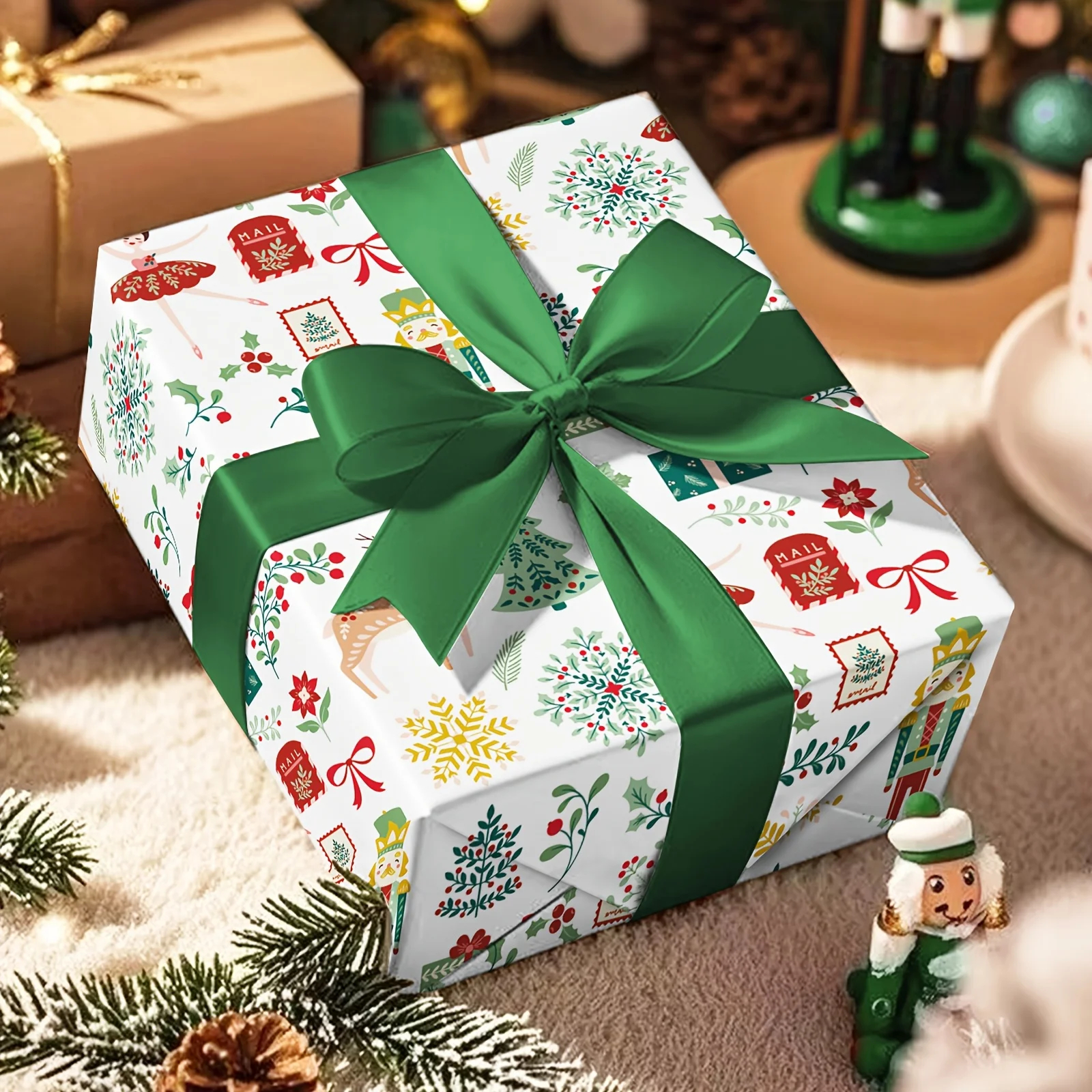 1 Roll of Christmas Wrapping Paper |   Ballet Dancer, Christmas Tree, Nutcracker, Gift Box, Snowflakes, Holly, Mailbox and Stamp Designs - Suitable for Holiday Gift-Giving, Holiday Decorations - 43.2cm × 500cm (17inch × 16.5 Feet)