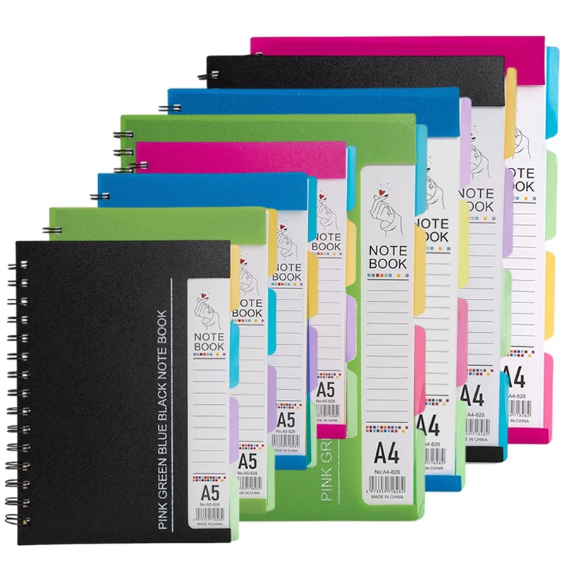 Cuaderno en espiral de 96 hojas con 4 páginas divisorias Tamaños A4/A5 Páginas forradas Azul Verde Negro Rosa Cuaderno de notas encuadernado