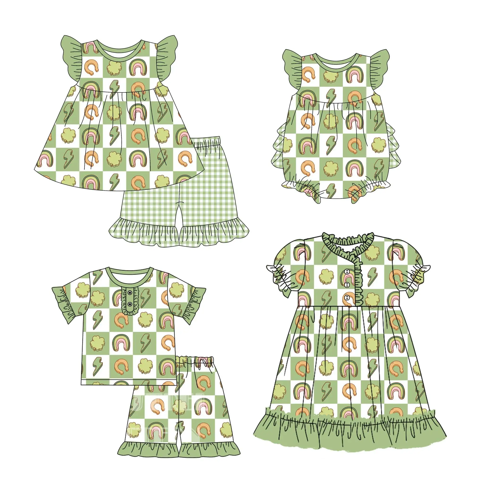 St. Parker Green four-leaf clover print boys and girls clothing short sleeve suit brothers and sisters