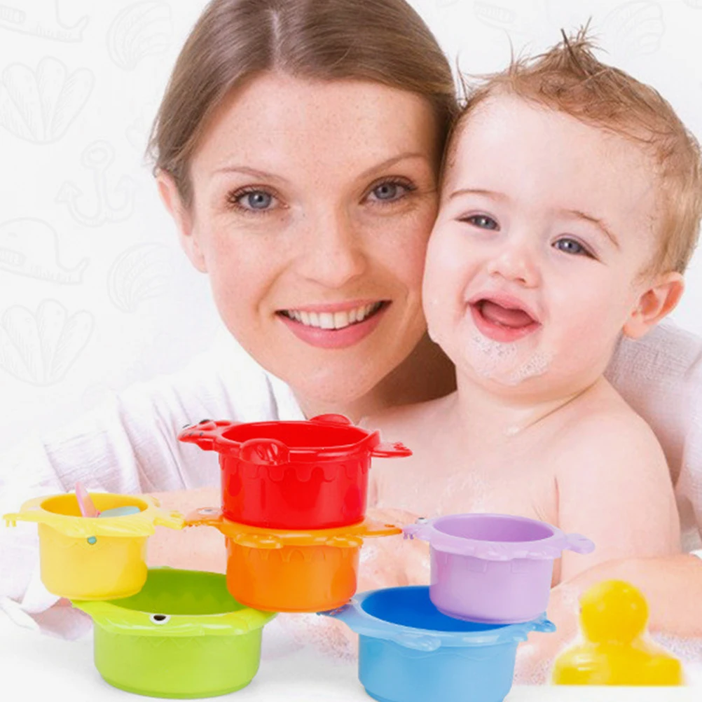 6 Pcs Cups Colorful Toddler Bath Toy Smooth Cartoon Beach Toy Surface Baby Play Montessori Learning Water Play