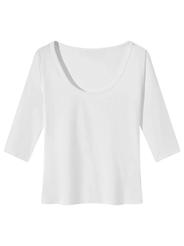 AOSSVIAO 2026 Herbst Neues Damen-T-Shirt Trendiges U-Ausschnitt Dreiviertelärmel-T-Shirt Minimalistisches Weißes Einfarbiges Vielseitiges Lässiges Oberteil – Detail 2