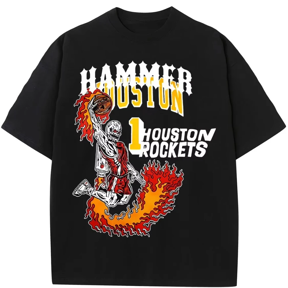 

2025 New Houston Rockets Dunk Short-sleeved Burning Skull Basketball American-style Hip-hop Print Cotton T-shirt for Street Use