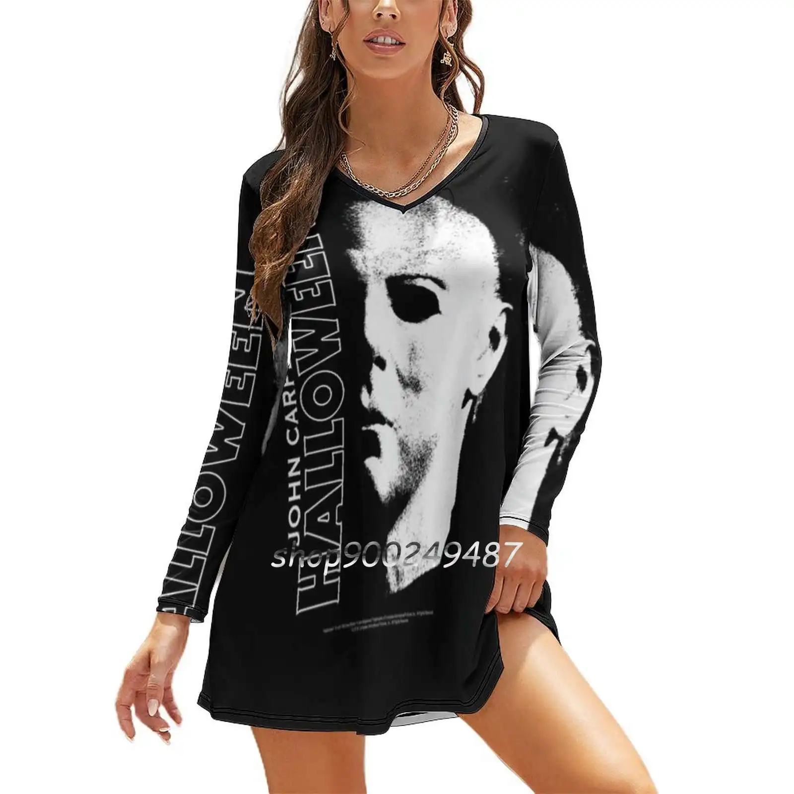 Halloween Michael Myers Large Face Women Casual High Waist Mini Dress Long Sleeve Dress Autumn New Fashion Dress Halloween