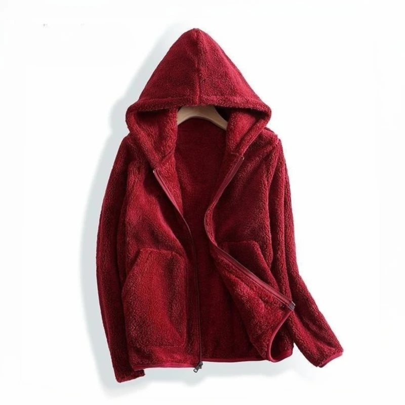 2026 Fashion Double-faced Polar Fleece Jacket Women's Coral Velvet Short Coat Autumn Winter Zip-up Hooded Warm Casual Outerwear
