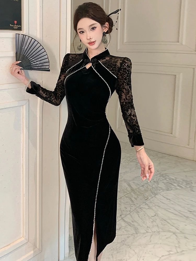 

Тяжелая промышленность, кружевное сексуальное платье с цветочным крючком, элитная легкая роскошная талия, облегающая юбка Cheongsam средней длины