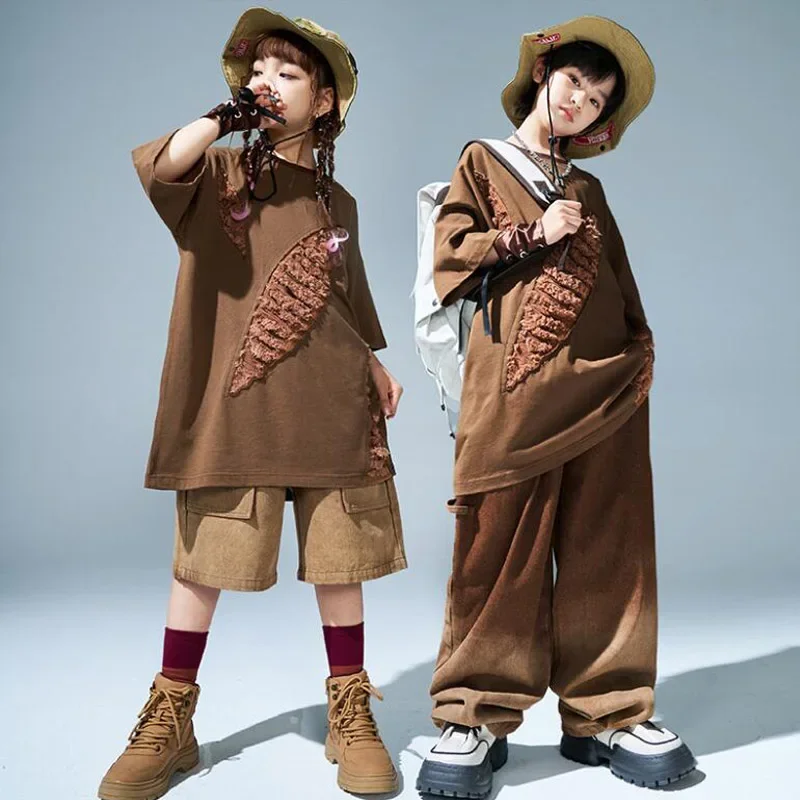 

Hip Hop Girls Boys T-shirt Street Dance Loose Cago Pants Shorts Child Solid Showing Clothes Sets Kids Stagewear Jazz Costume