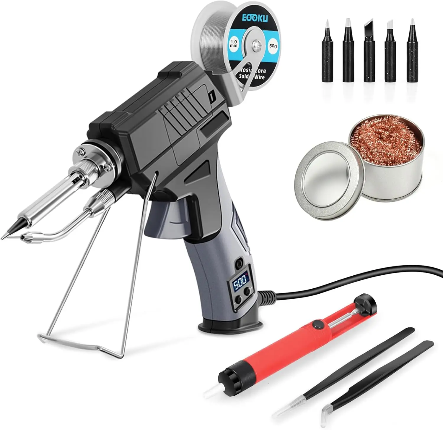 

Soldering Iron Gun Kit 60W Auto Feed with LCD Display, 5 Tips, Solder Sucker, Tweezers for Electronics PCB Repair DIY