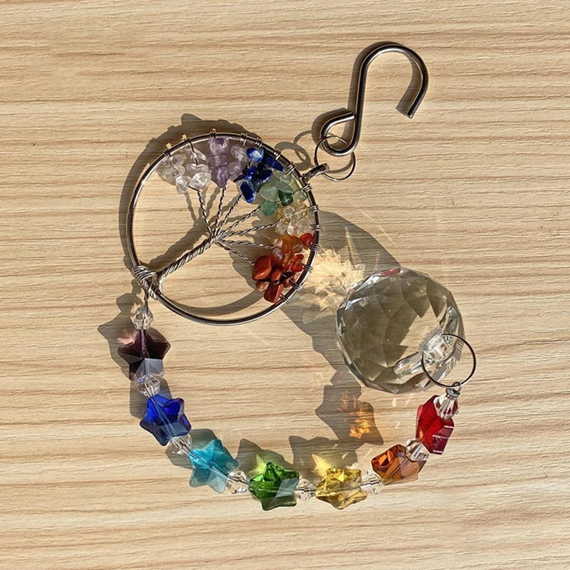 Tree of life Suncatcher Crystal Ball Prism Pendant Rainbow Maker Hanging Sun Catcher Gemstones Window Ornament Home Garden Decor