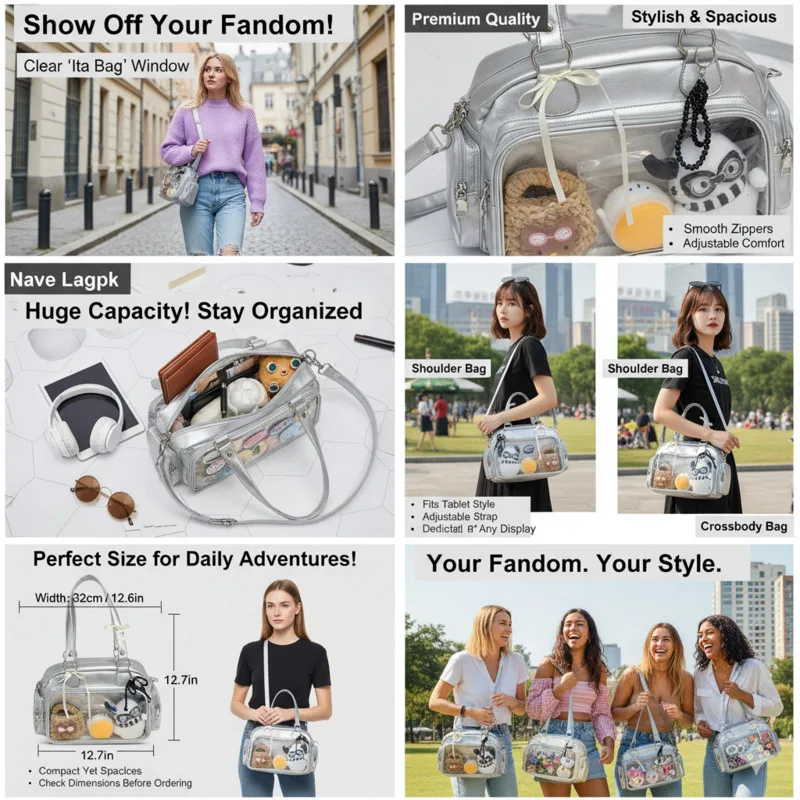 

Y2K Gothic Transparent Tote Bag Vintage Girl Itabag Pins Dolls High Capacity Shoulder Handbag, Daily Commuter Bag Backpacks New