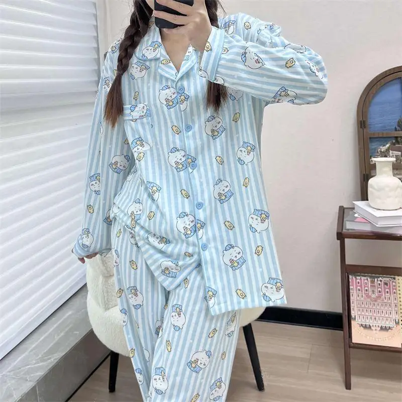 

Cute Home Clothing Anime Pajamas Chiikawa Usagi Hachiware Cartoon Kawaii Striped Sweet Girl Princess Style Home Furnishing Set