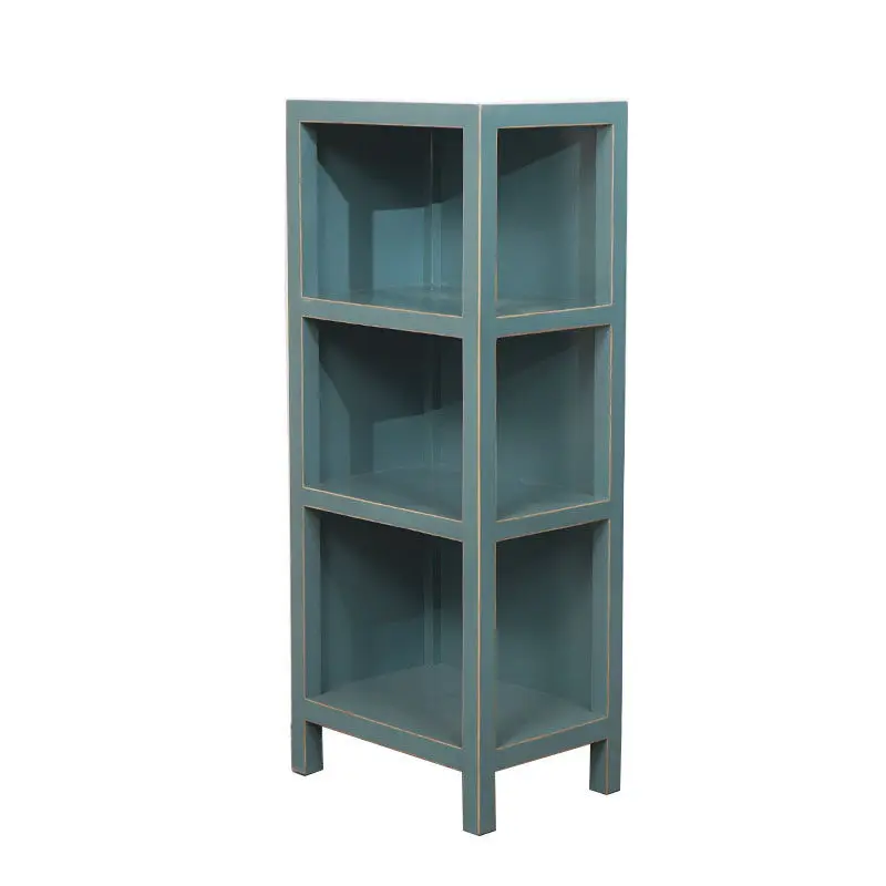 Kleines Bücherregal aus Massivholz für das Wohnzimmer, blauer Rand, wenige Ecken, Retro-Blumenregal, Retro-Möbel