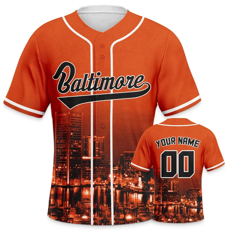 Orange Custom Men Baseball Jerseys Personalized Featuring City Night View Sublimation Blanks Design Tshirt Sportwear Clothing