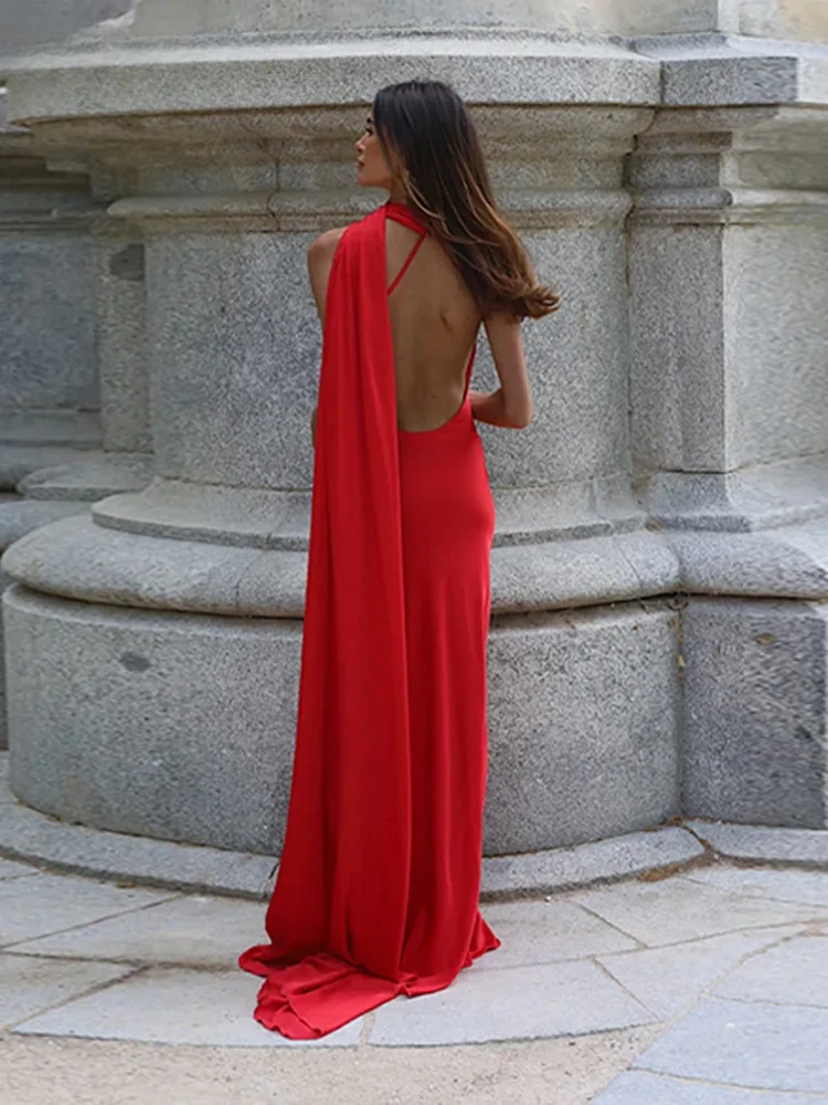 Elegant Ribbon Long Satin Party Dresses Women Halter Sleeveless Backless Female  Beach Dress  Summer Lady Solid Evening Gown