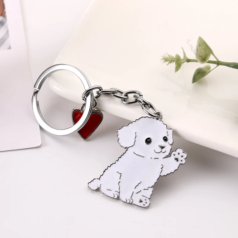 Fashion Pet Memorial Keychain Dog Pendant White Maltese Animal Bell Enamel Keyring Women Bag Jewelry Girls Heart Charm