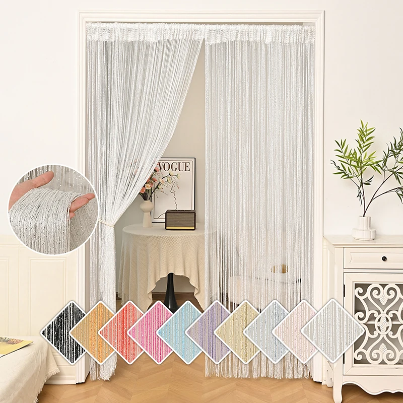 Cortina de hilo con purpurina y borlas para puerta, panel decorativo para sala de estar, dormitorio, ventana, decoración del hogar