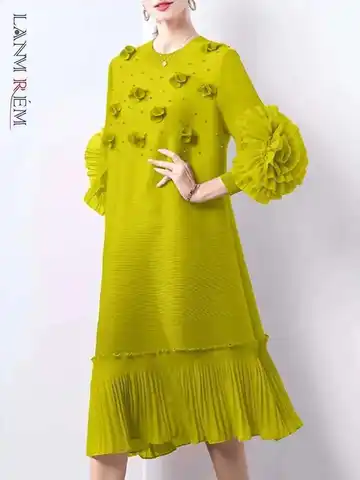 LANMREM Plissee-Applikationen-Kleid für Frauen, 3D-Blumen, volle Ärmel, runder Kragen, A-Linie, neu, 2025, Sommer-Frauenkleidung 32S1110