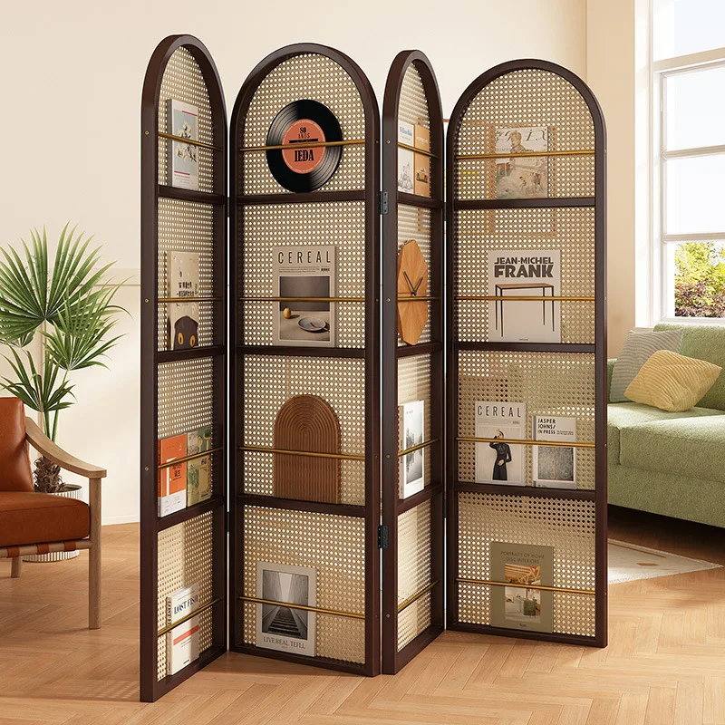 New Chinese Living Room Rattan Weaving Folding Screen Movable Vintage Partition French Bedroom Cover Storage Bookshelf