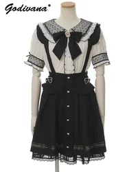 Liz Women Suspender Dress Sweet Japanese Style Rojita Spring Autumn Letter Suspender Skirt Women's Ribbon Bow Lace Lolita Dress