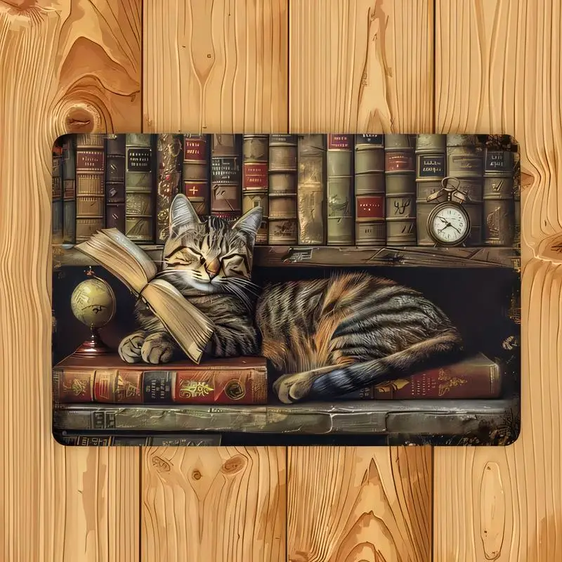 Vintage Metal Tin Sign, Retro Sleeping Cat with Book & Bookshelf Design, Iron Wall Art (20x30cm) - Clock/Globe Accents, Rustic S
