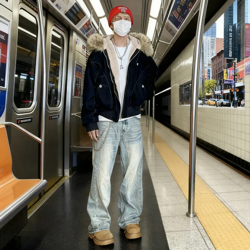 Hip-hop winter coat male new casual thick warm female parka coat loose streetwear hooded fake mink neck couple short coat