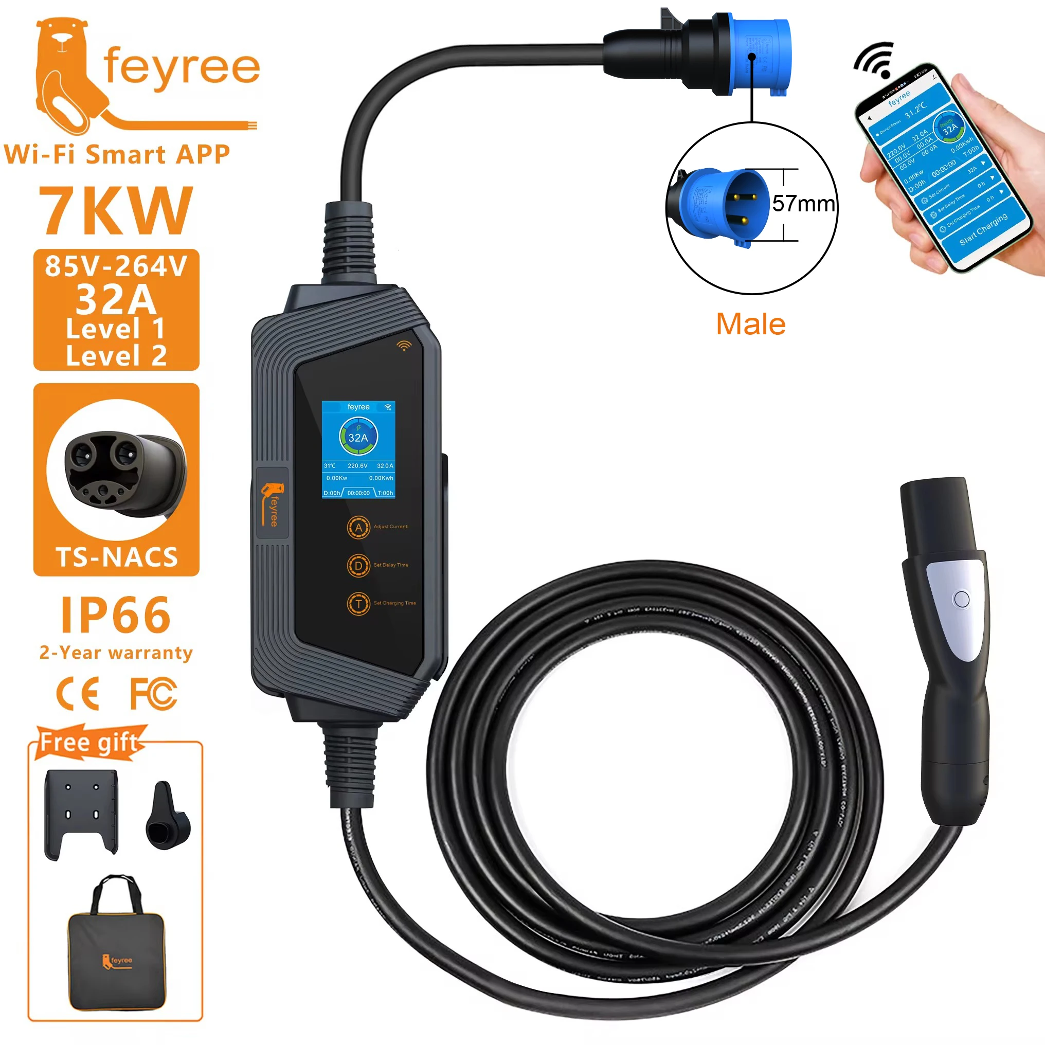 Feyree-cargador EV portátil con conector TS-NACS, 32A hasta 50A, 12kw, wallbox EV de alta potencia con aplicación WIFI para todos los modelos Tesla