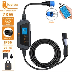 Feyree TS-NACS 커넥터 포함 휴대용 EV 충전기, 모든 테슬라 모델에 와이파이 앱 포함, 고출력 EV 월박스, 32A, 최대 50A, 12kW