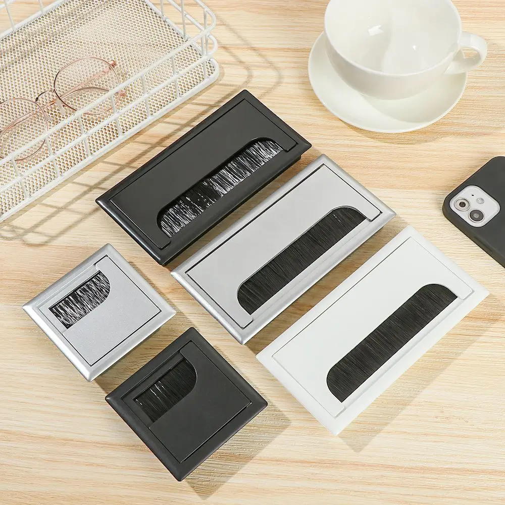 Plastic Rectangle Wire Cable Holder Grommet Hole Cover Outlet Port With Black Brush Computer Desktop Decoration Wire Box