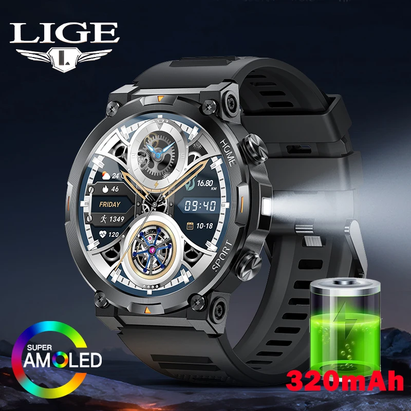 LIGE 2024 Smartwtach Men 1.43 Inch AMOLED Screen Men Watch Health Monitoring Sports LED Flashlight Smart Watch Bluetooth Call