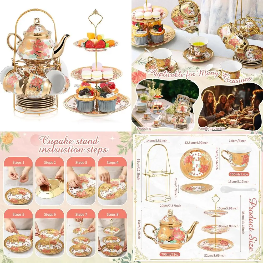 

Adult European Floral Tea Party Set with 3-Tier Ceramic Stand, Porcelain Teapot, Flower Cups for Dessert, Cupcake - Vintage Styl