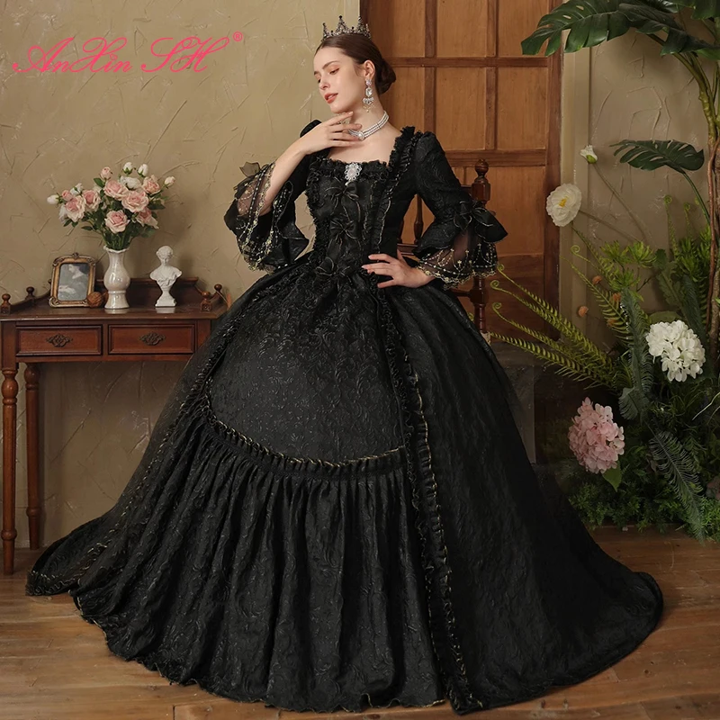 AnXin SH vintage princess flower black satin sweetheart bow flare sleeve ball gown lace up Dark Queen customized Prom Dresses