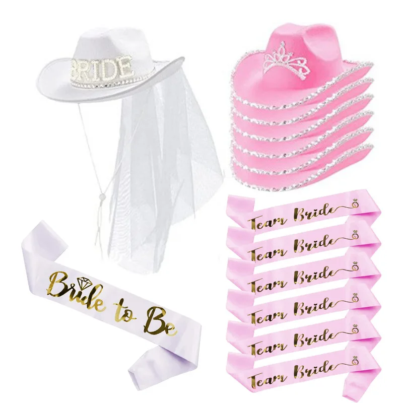 Pink/White Bride to Be Satin Sash Denim Hat Wedding Bridal Shower Decor Hen Girls Bachelorette Party Supplies Bridesmaid Gifts