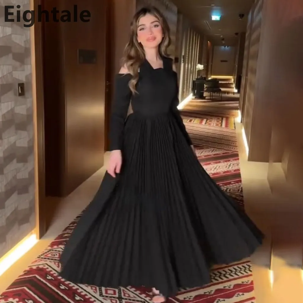 

Eightale 2025 Black A Line Pleats Evening Dress Halter Neck Long Sleeve Prom Dress Saudi Arabic Party Gown Customized