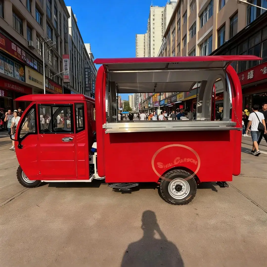 

Outdoor Food Trailer Main Body Bright Red Unique Shape with Driving Cabin And Selling Area for Catering Business