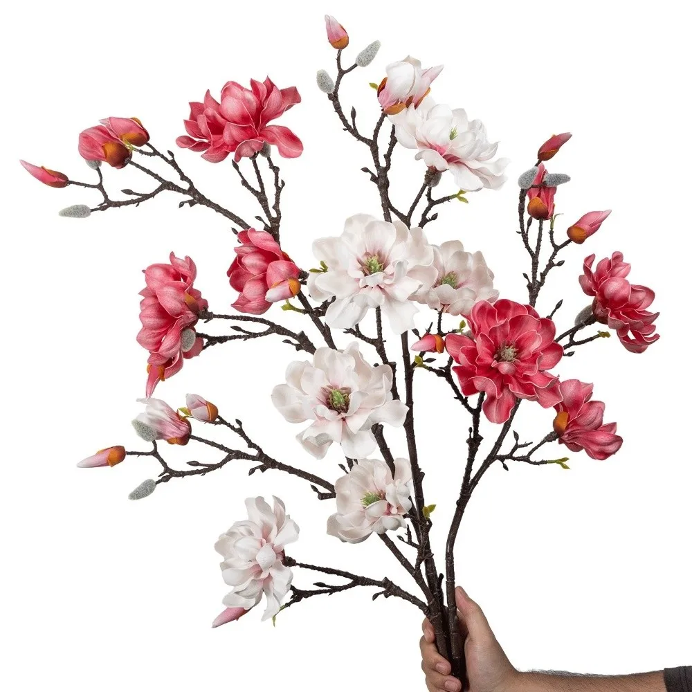 Real Touch Artificial Magnolia Flowers Branch Multi-Bloom EVA Artificial Faux Plants White Pink Faux Magnolia Branch Home Decor