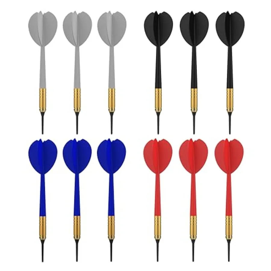 

12pk Soft Tip Dart Set - 4 Team Colors - White, Blue, Red, Black - Steel Barrels - Multi Use - One Piece Construction