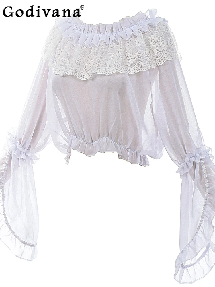 

Japanese Gothic Punk Subculture Black Long-sleeved Short Versatile Top Lolita Girls Slashed Neck Flare Sleeve Bottoming Shirt