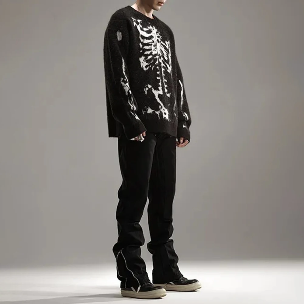 Men Sweater Dark Skeleton Jacquard Imitation Cashmere Sweater Autumn Streetwear Warm Casual Long Sleeve Tops Men'S Clothing 2024