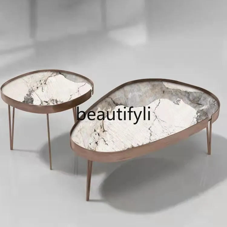 

Living Room New Creative Light Luxury Rock Board Retractable Round Set of Several Simple Tea Tables