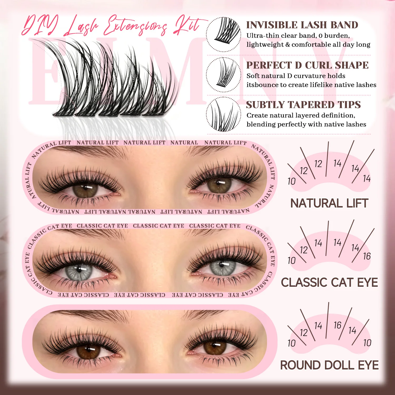 Natural Eyelash Extensions Kit, Lash Clusters Kit with Bottom Lash, 4-in-1 Individual Lashes with Full Application Tools