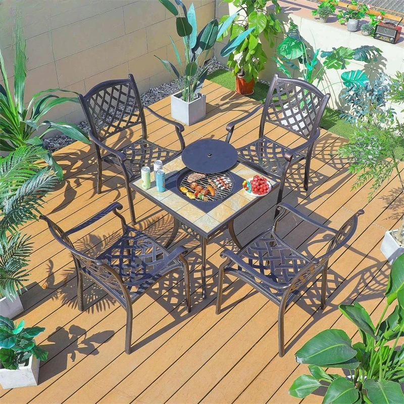 Outdoor Seat Table Garden Courtyard Hotel Leisure Cast Aluminum Table and Chair Three Five Piece Balcony BBQ Table