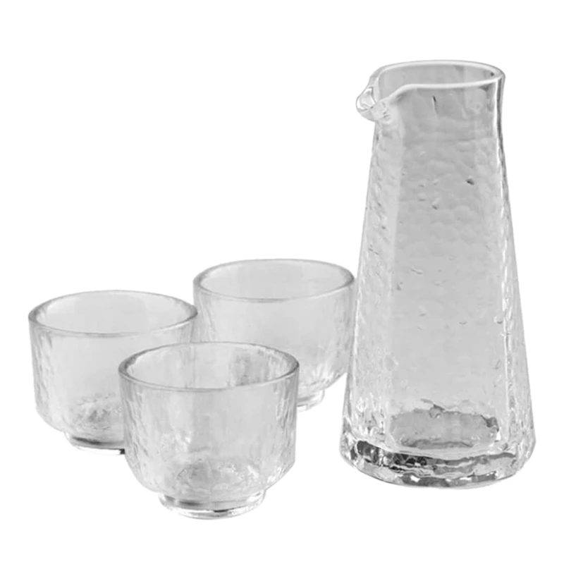 4 Pcs Of Transparent Japanese Sake Jug ,One Jug Three Glasses Glass Liquor Glass Set With Hammer Pattern