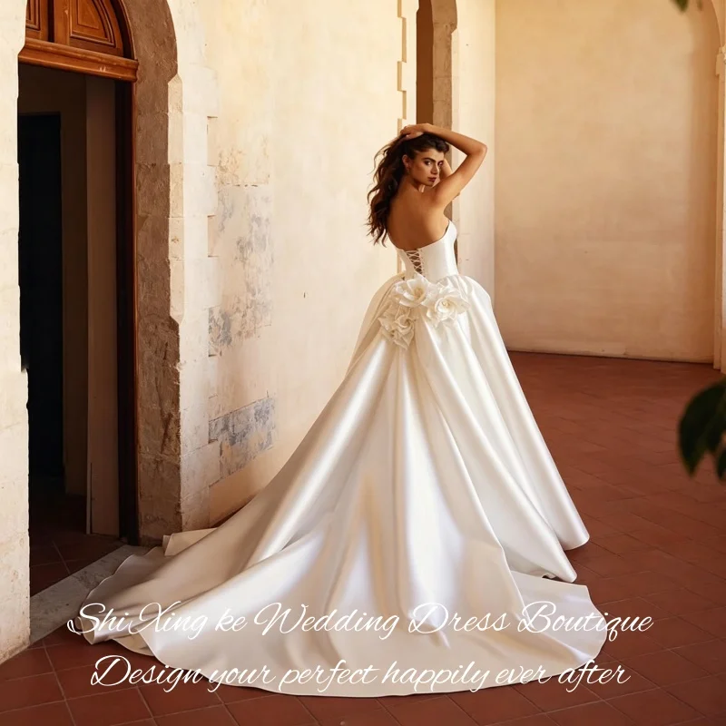 Modern Corset Back Strapless Wedding Gown 3D Flower Satin Ballgown Vestidos De Novia Customized