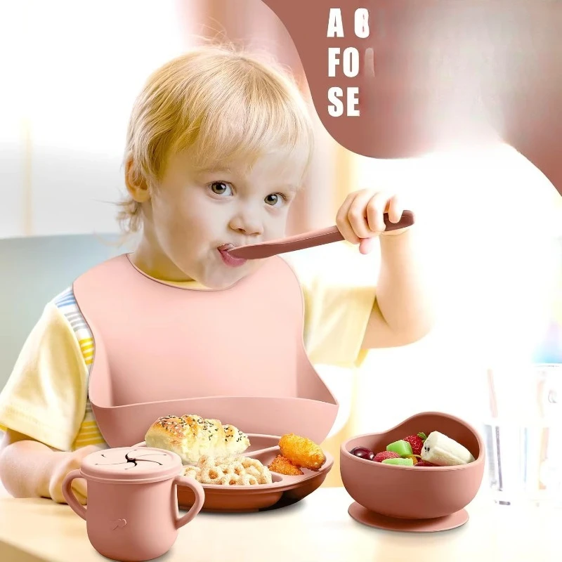Baby Food Grade Silicone 15 Pieces Large Baby Feeding Set Baby Plate Silicone Bowl Grass Cup Saliva Bag