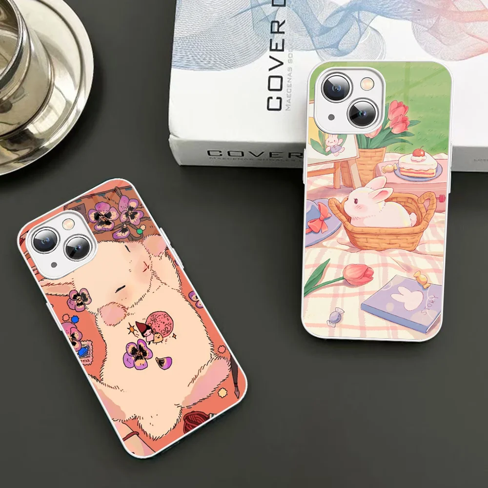 

Cute Cartoon Rabbit Phone Case Tempered Glass For Iphone 14 13 12 11 Pro Mini XS MAX 14Plus X XS XR Fundas