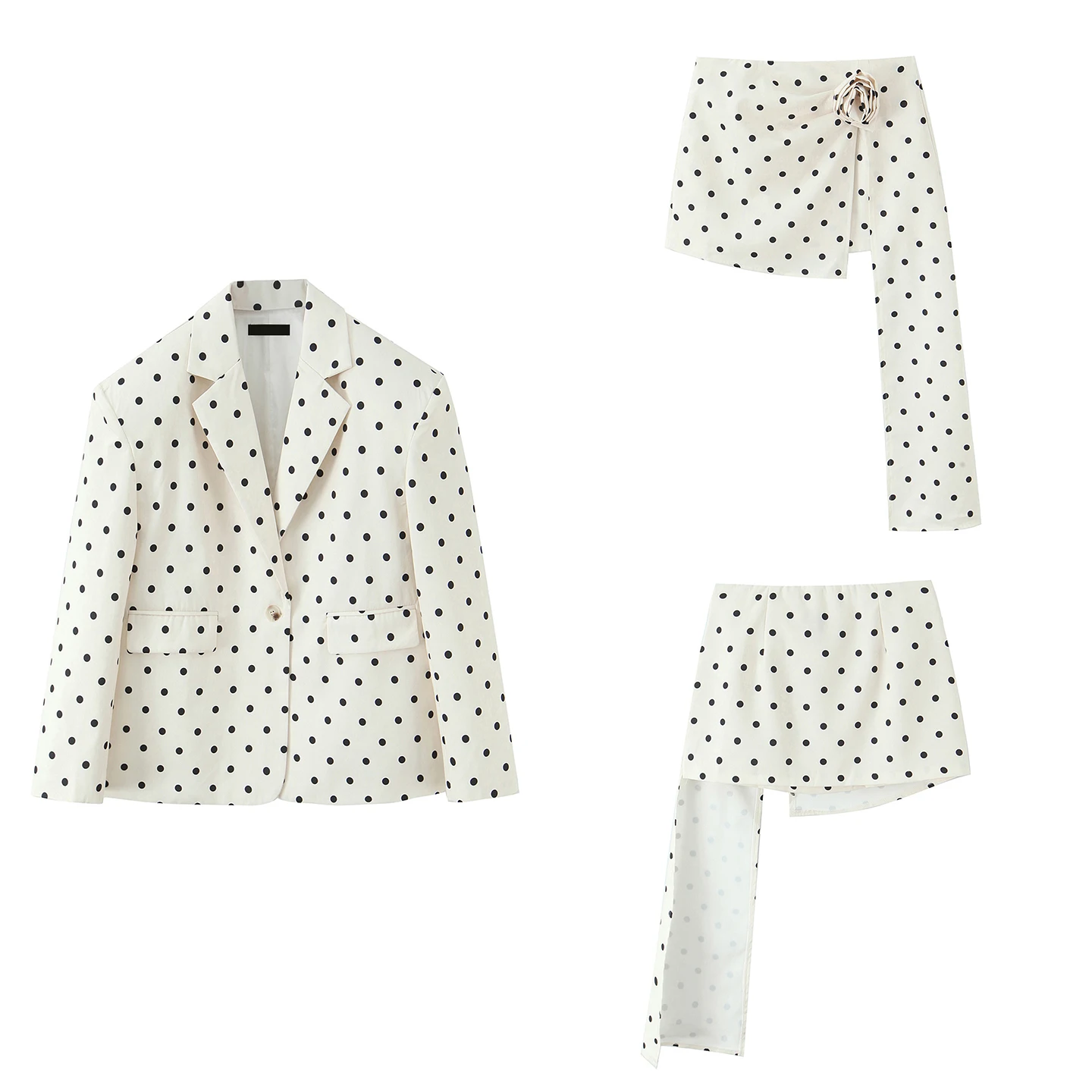 

Осень 2023, новый женский модный комплект, асимметричная юбка в горошек с широкими плечами и универсальным комплектом Sa Daily