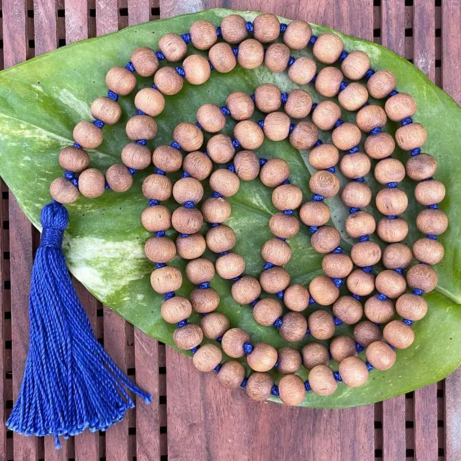 

Natural Sandalwood 108 Beads Mala Necklace with Blue Knot & Blue Tassel Healing Wood Jewelry