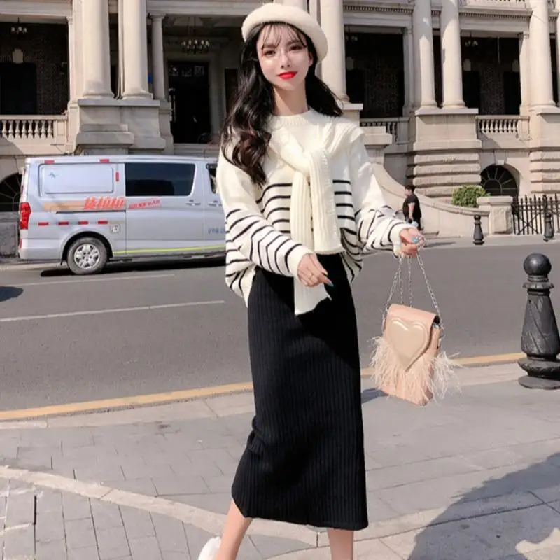 

Women's Autumn Winter Fashion Shawl Sweater Knit Skirts 1 or Two Piece Set Lady Loose Stripe Pullover Tops Black Skirt Outfits