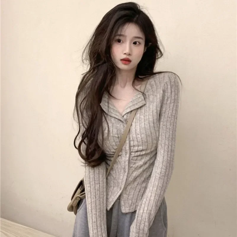 가을 한국 니트 가디건 V넥 긴팔 니트 점퍼 칼라 스웨터 코트 슬림 크롭 가디건 여성 Y2K 의류